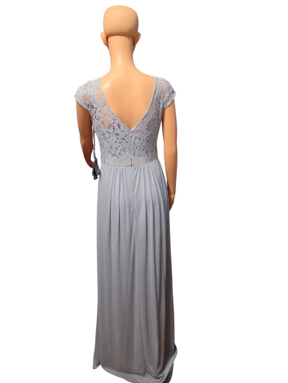 Adrianna Papell Silver Floral Lace Stretch Tule Femenine Gown Cottagecore Sz 2 - Picture 3 of 12